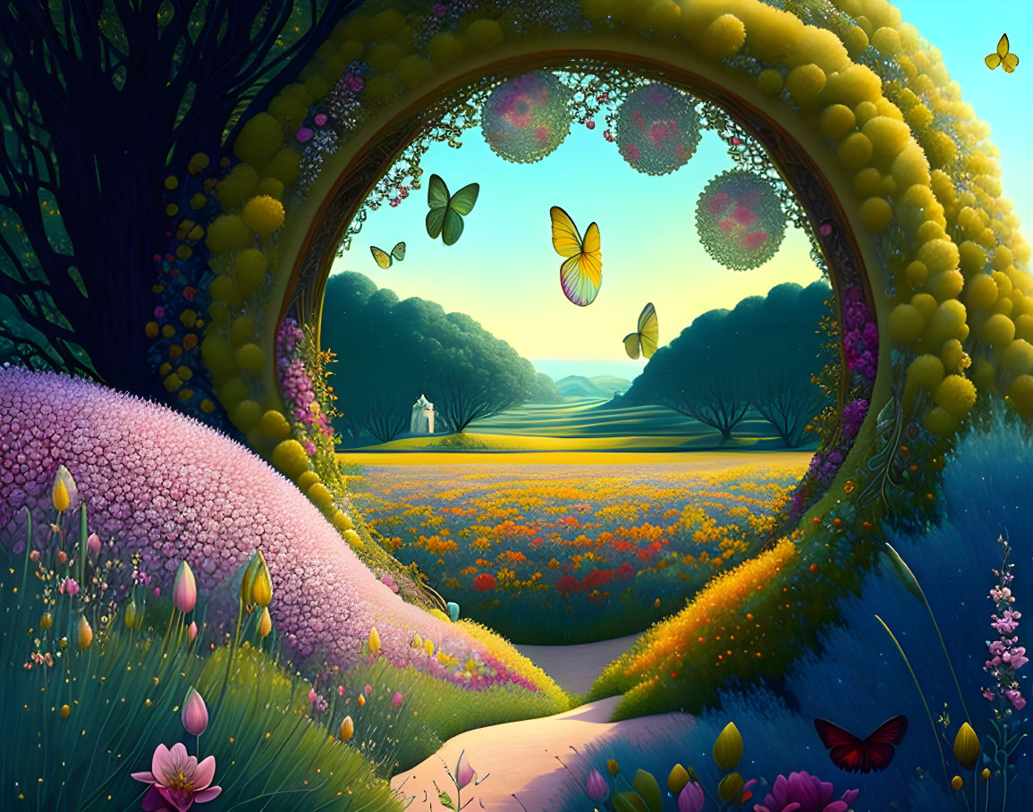 Colorful digital artwork: whimsical landscape, floral frame, butterflies, lush field, distant figure.