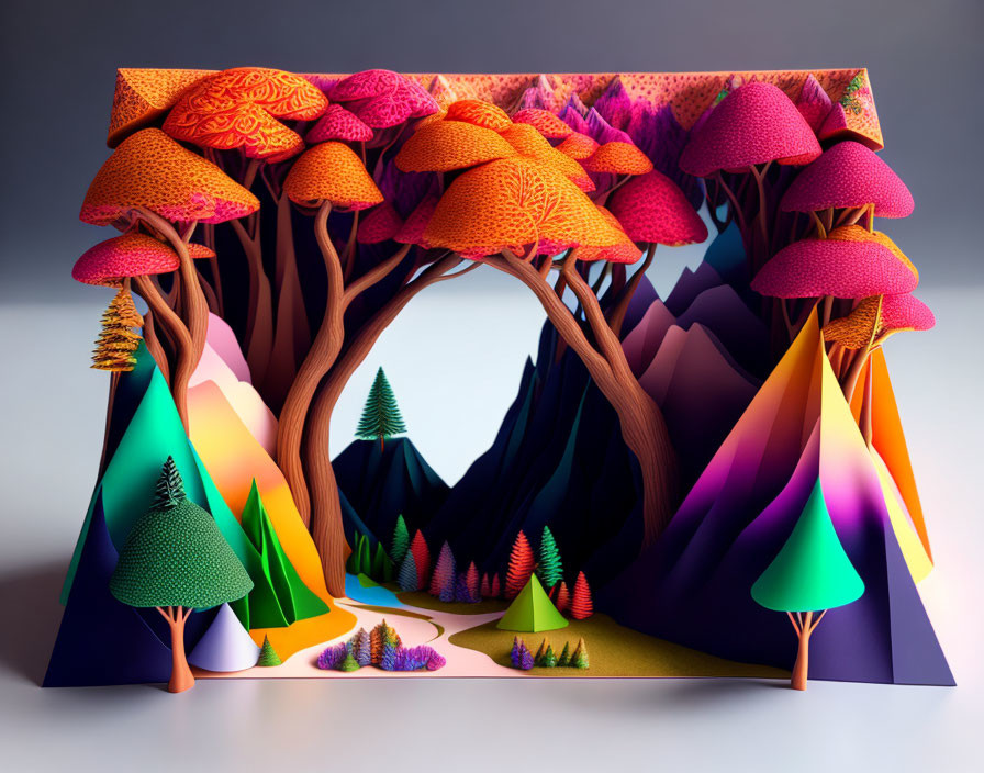 Colorful 3D landscape with whimsical mountains and mushroom archway