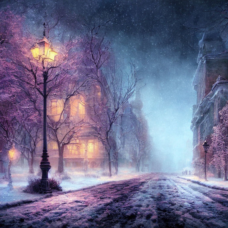 Twilight snowy street with warm glowing lights in purple winter scene