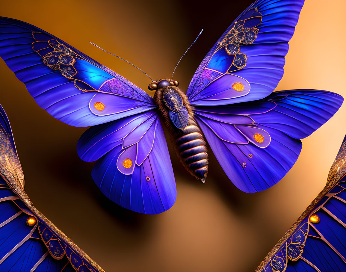 Detailed Digital Illustration of Vibrant Blue Butterfly with Orange Spots