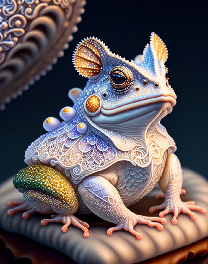 Intricately Patterned Frog Sculpture with Organic and Geometric Designs