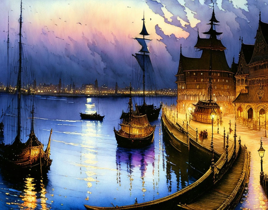 Historic waterfront painting at dusk with sailing ships and ornate buildings.