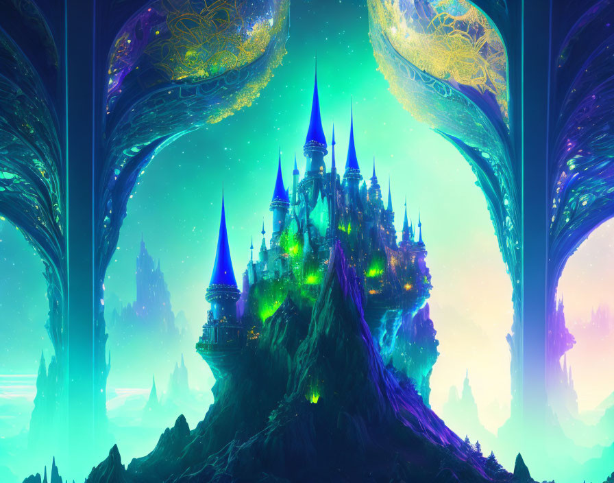 Fantasy landscape with glowing castle on rocky peak and tree-like structures under starry sky