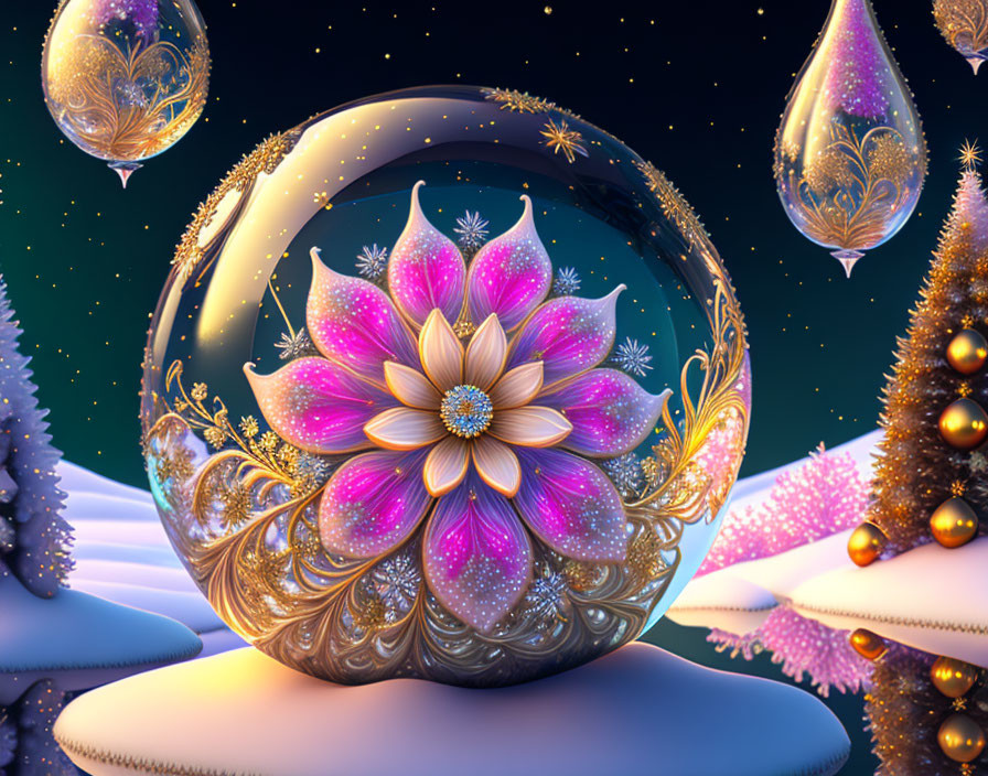 Digital artwork: Pink lotus in sphere with golden decorations, snowy night sky.