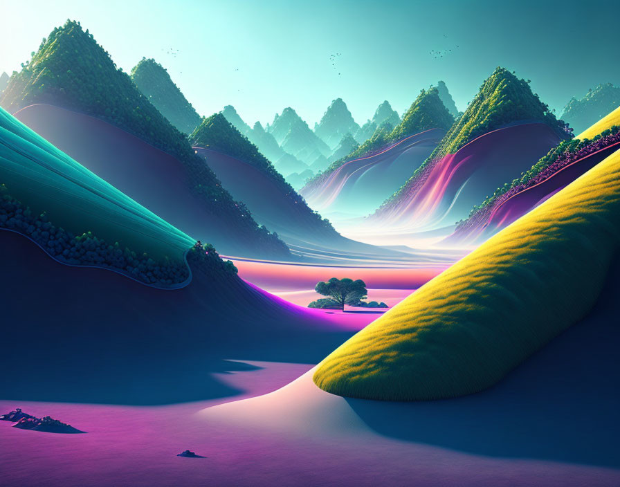 Surreal neon-colored landscape with solitary tree and reflective river