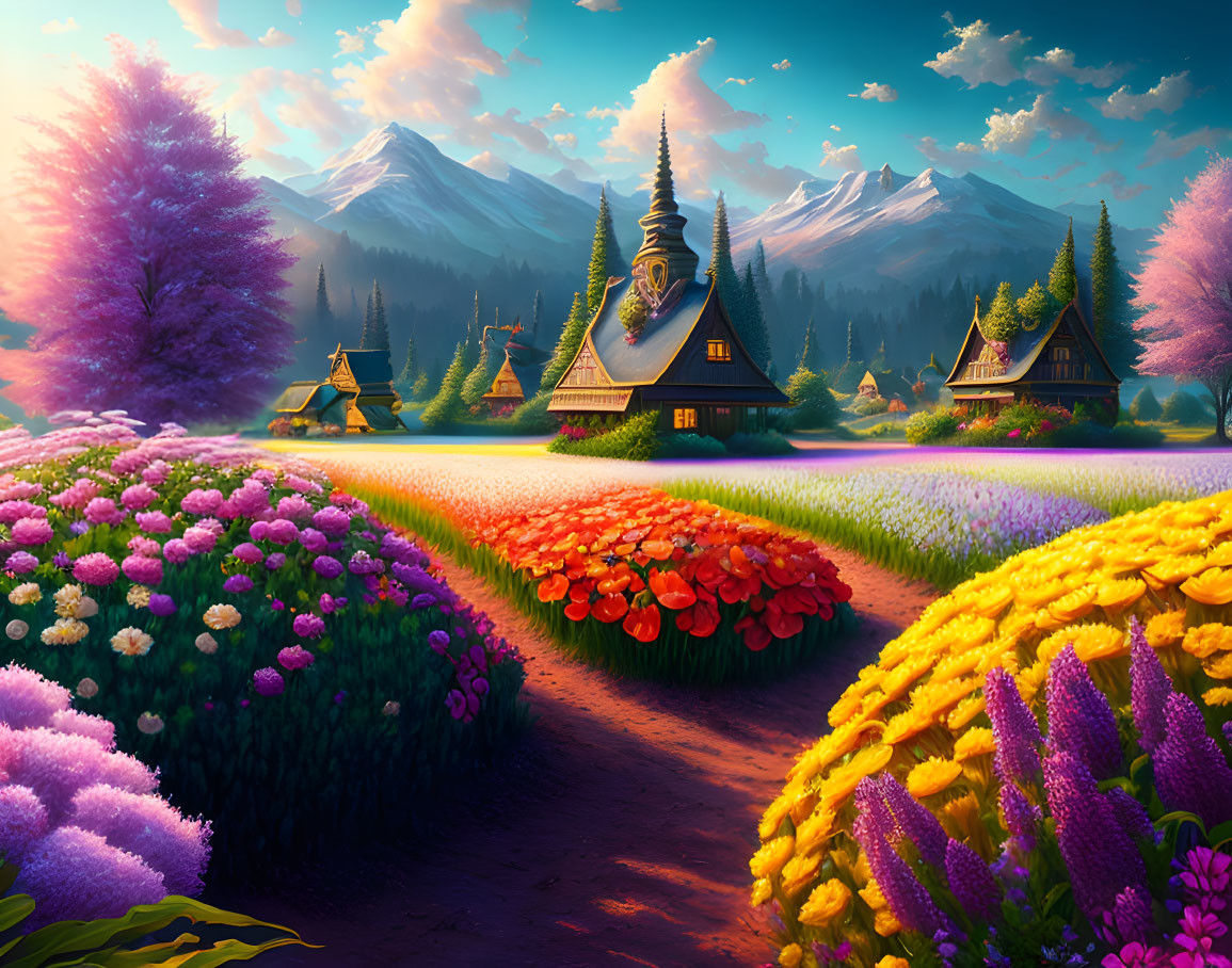 Colorful landscape with flower fields, cottages, and mountains under warm sky