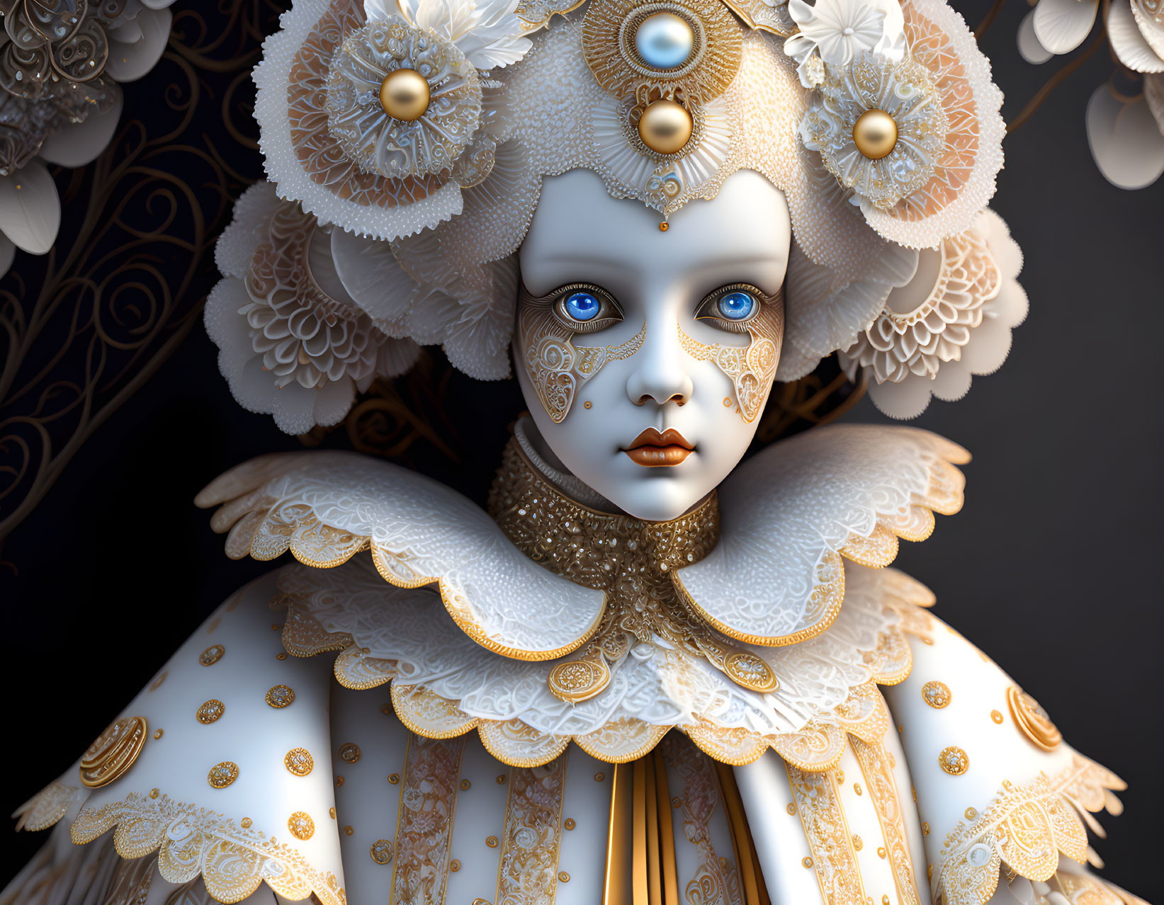 Intricate digital art: Porcelain figure in white and gold attire