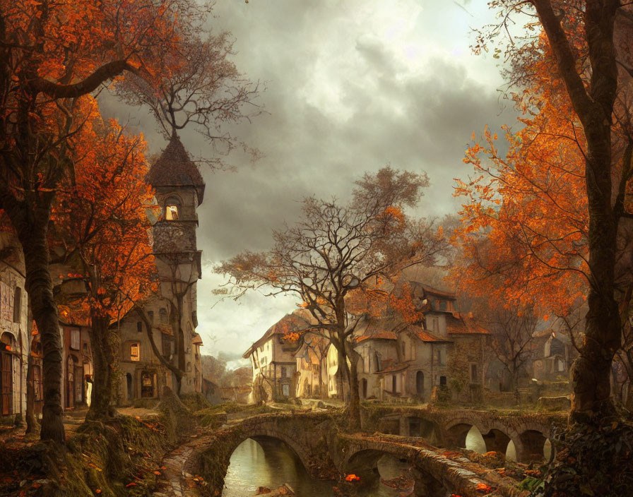 Village scene with stone bridge, autumn foliage, medieval buildings, and cloudy sky