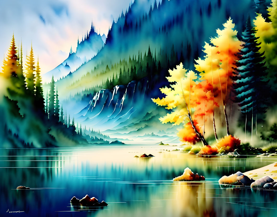 Serene lake with autumn trees, misty mountains & waterfalls