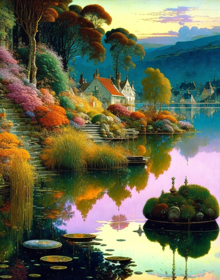 Tranquil lakeside dusk scene with vibrant flowers and lush trees