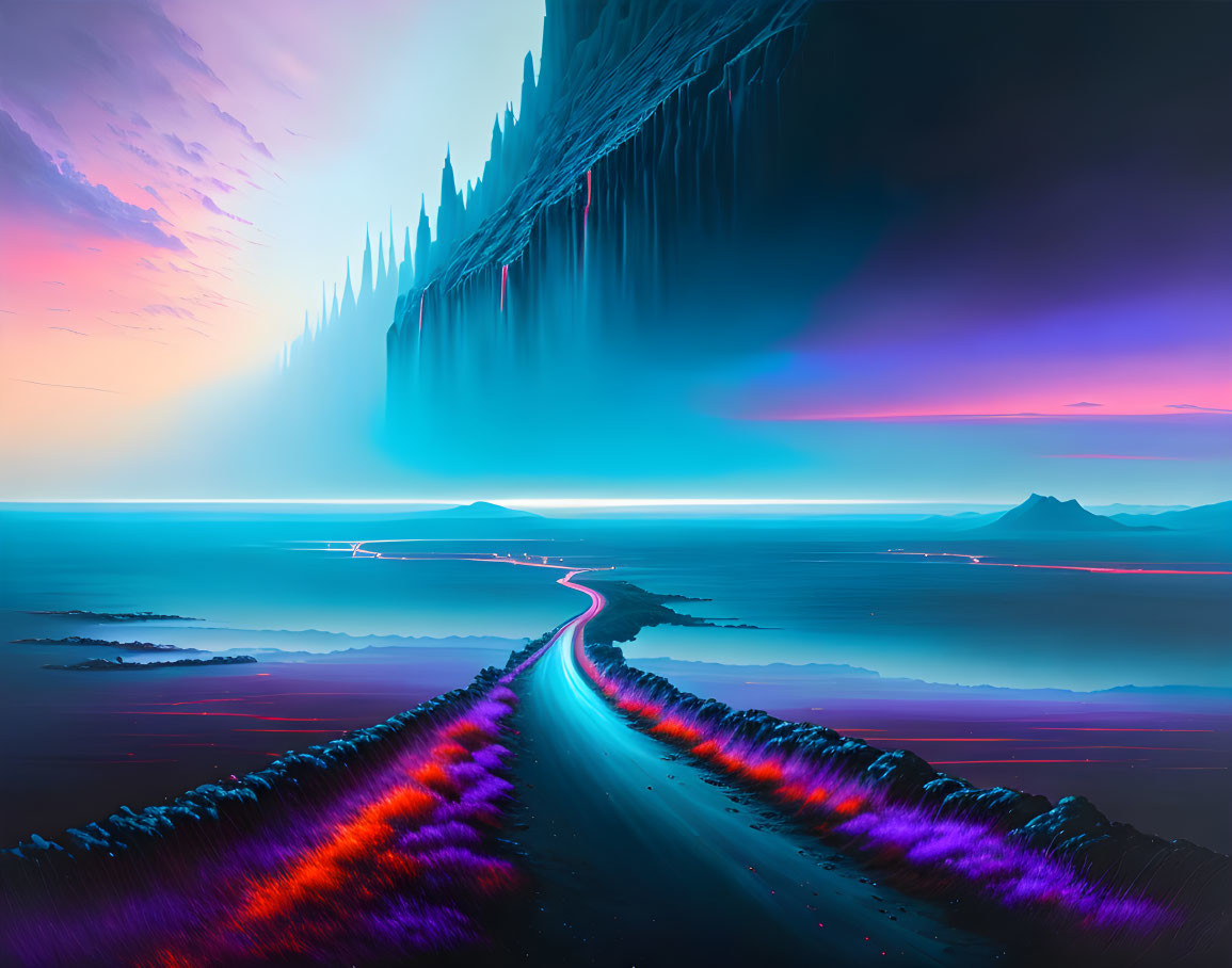 Vibrant digital landscape: Glowing road, colorful sky, crystal formations