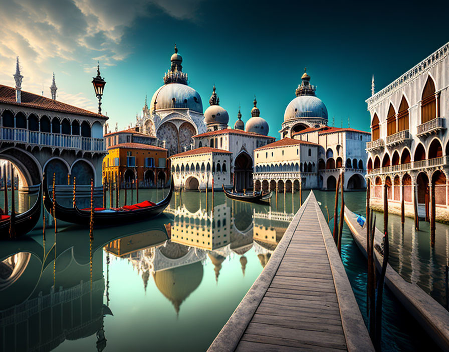 Historic Venice canal with gondolas and footbridge.