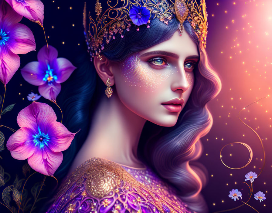 Digital illustration of woman with golden crown and flowing hair amid purple flowers on starry background