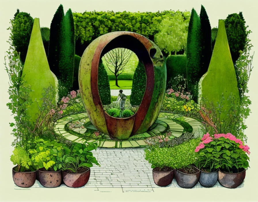 Tranquil garden scene with circular sculpture, pathways, lush plants, and figure