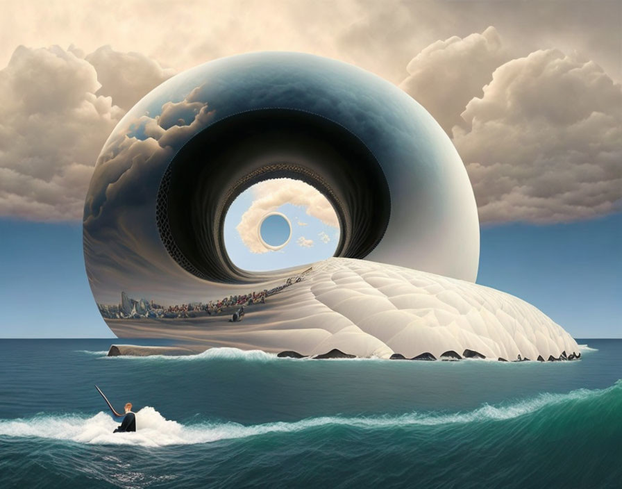 Surreal image: person rows to giant eye structure on ocean