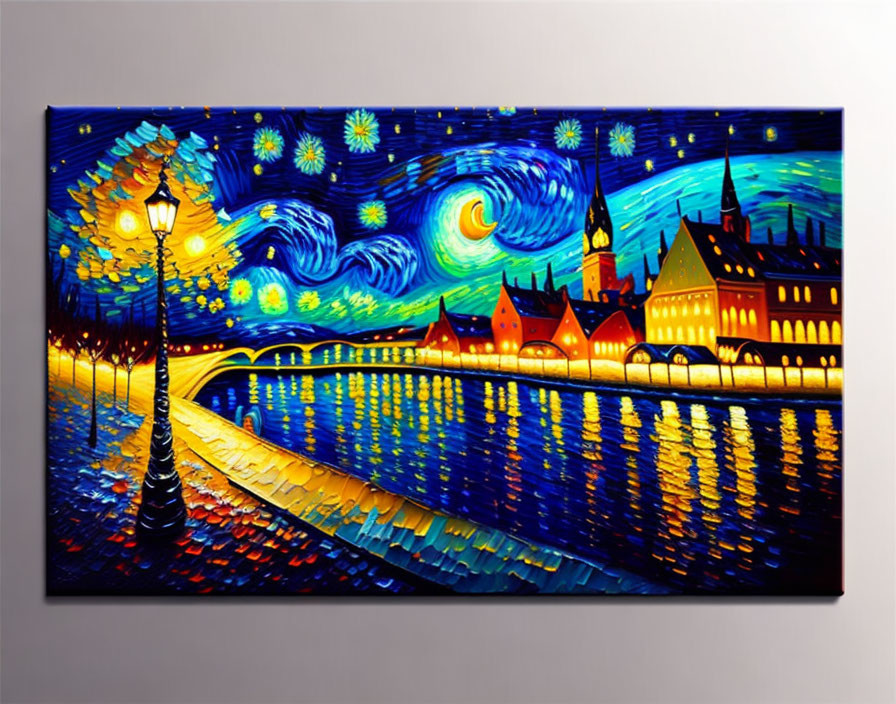 Vibrant painting of starry night over river with lamppost & buildings