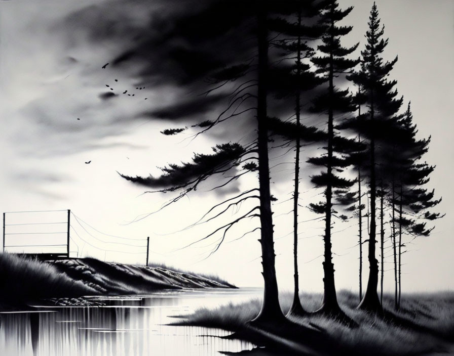 Monochrome art of tall trees by water under cloudy sky with birds