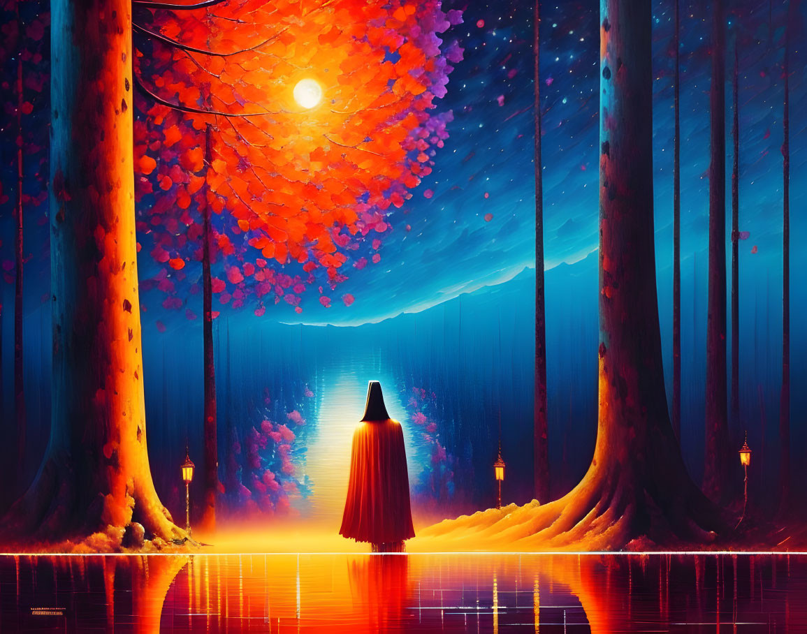 Mysterious figure in cloak in vibrant forest under moonlit sky