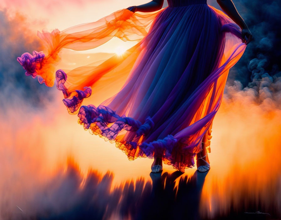 Colorful Dress Billowing in Fiery Sunset Scene