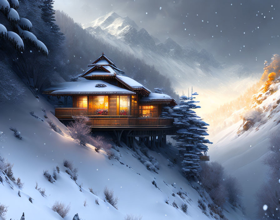 Snowy landscape with traditional house on cliff in mountains.