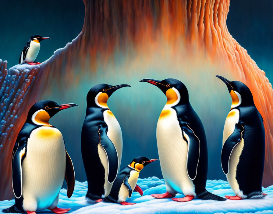 Illustrated penguins on ice with mystical, colorful backdrop and icy waterfall