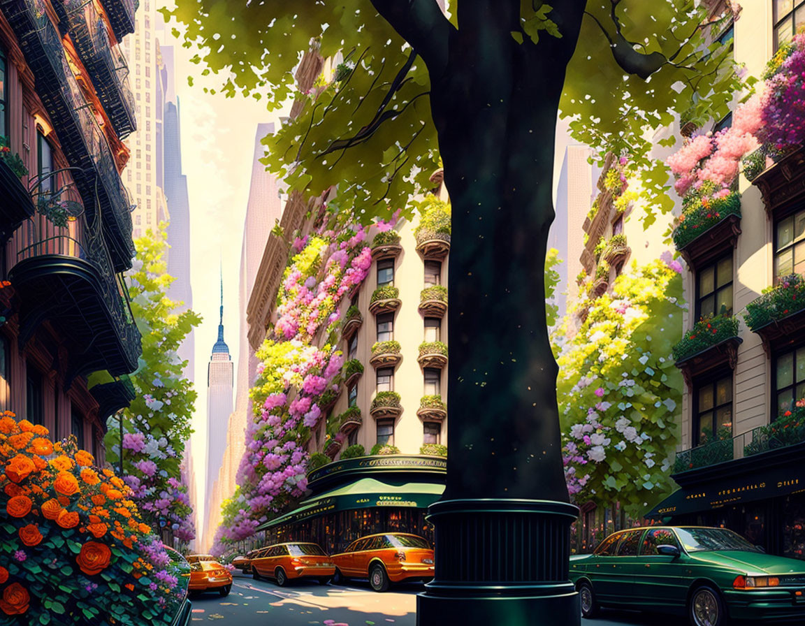 Lush flowering trees and classic architecture in vibrant street scene