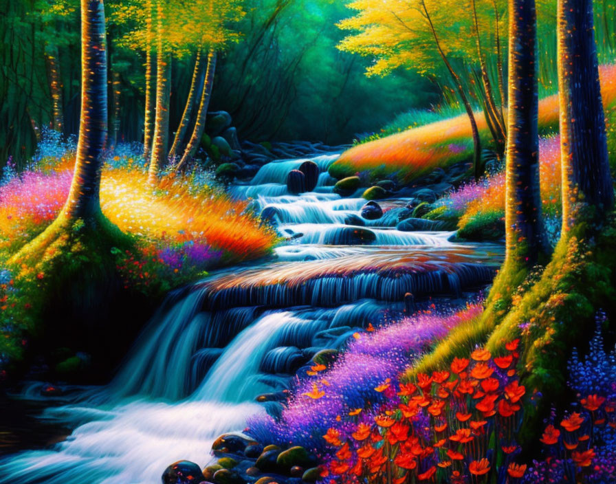 Vibrant Fantasy Painting of Lush Forest and Stream