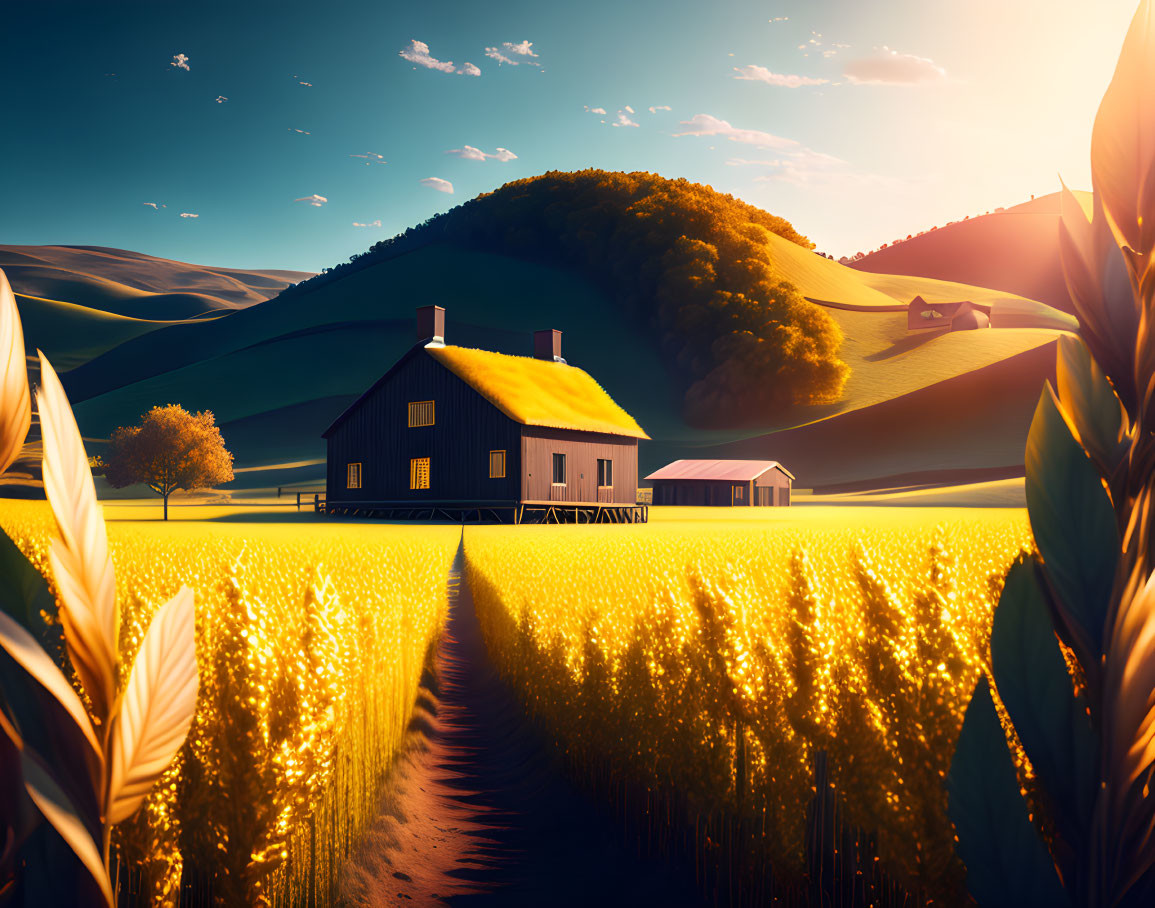 Country House Surrounded by Wheat Fields and Rolling Hills at Sunset