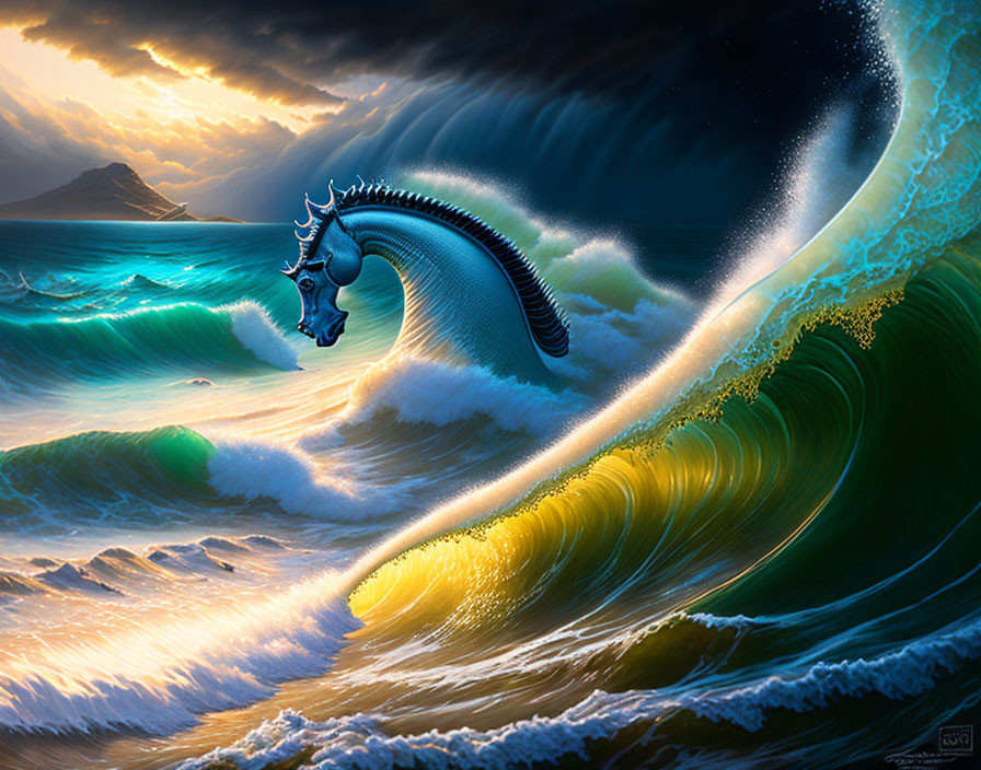 Majestic blue sea serpent in luminescent ocean waves