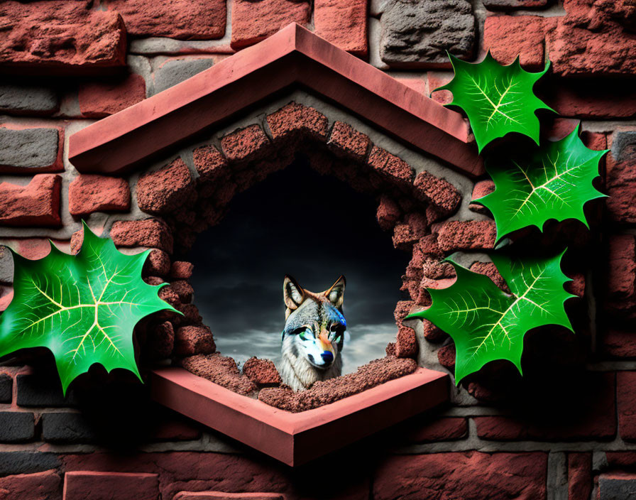 Digital art: Wolf head in brick-walled kennel with leaves and cobwebs