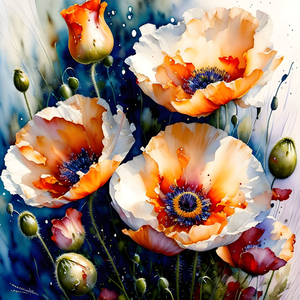 Colorful Watercolor Painting of Orange Poppies on White Background