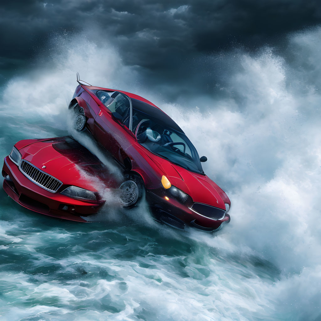 Convertible Car Splashing in Water with Swirling Waves and Dark Sky