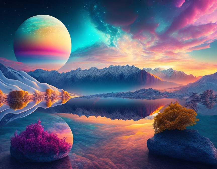 Vibrant surreal landscape with planet, mountains, trees, and lake