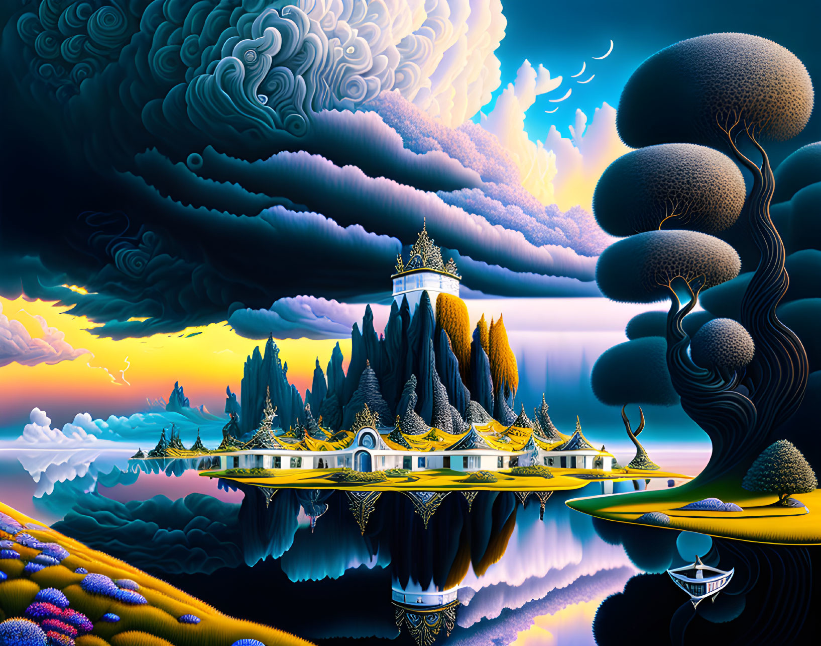 Golden castle in surreal landscape with vibrant sunset clouds and mirror-like water