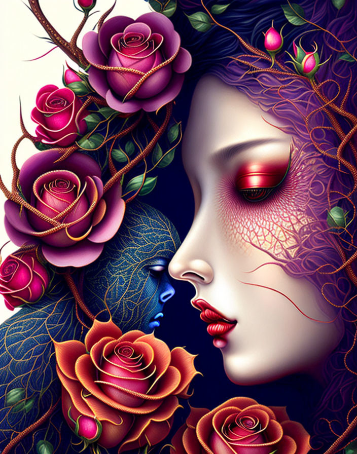 Vibrant surreal female face with roses and intricate patterns