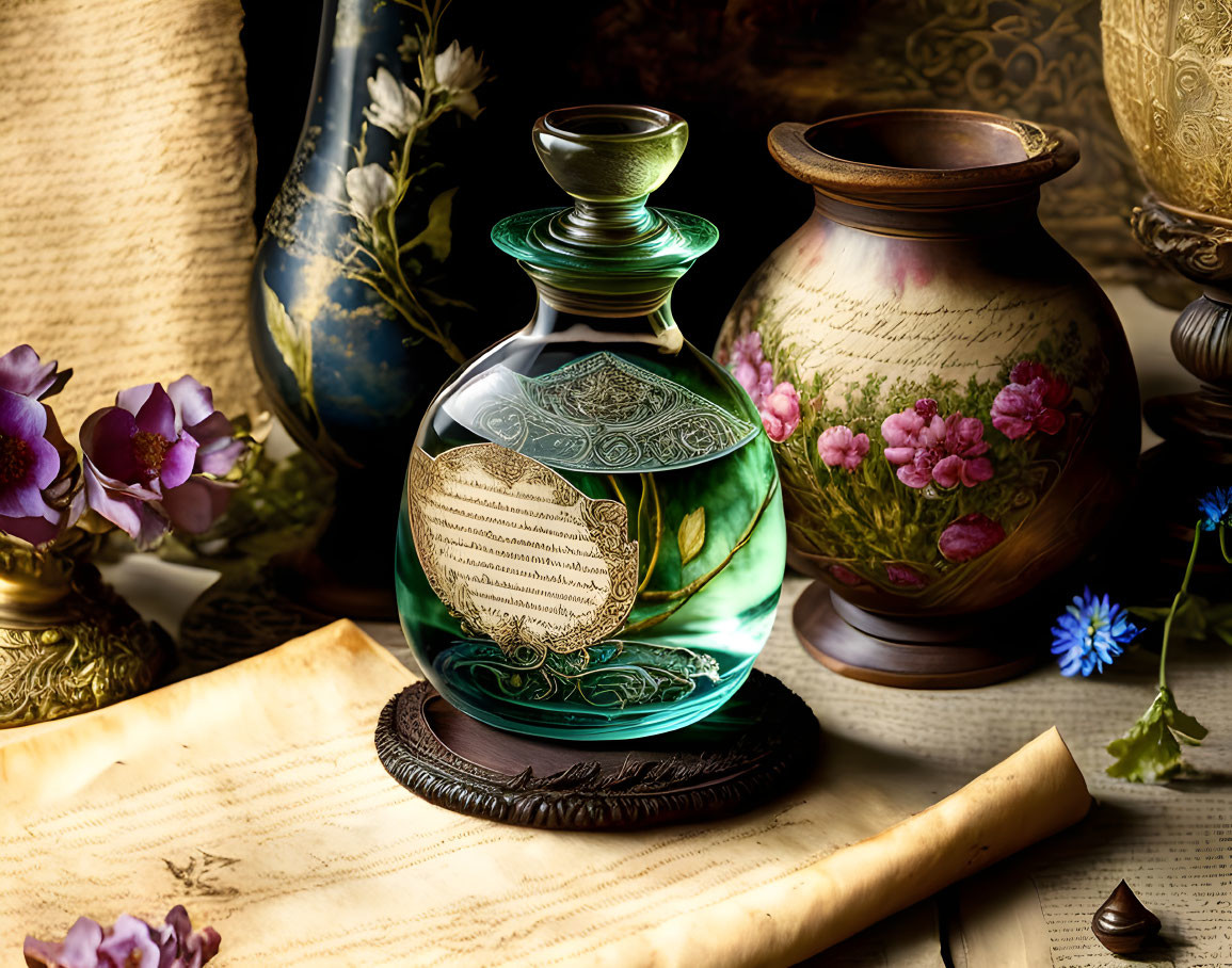 Vintage Glass Perfume Bottle Surrounded by Antique Pottery, Flowers, and Old Scroll