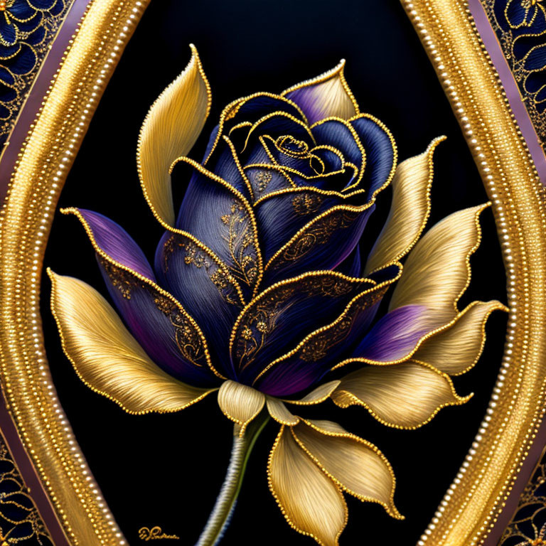 Stylized rose with gold and purple petals on black background