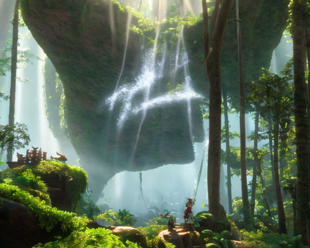 Mystical forest with floating rock, waterfall, and figure observing nature