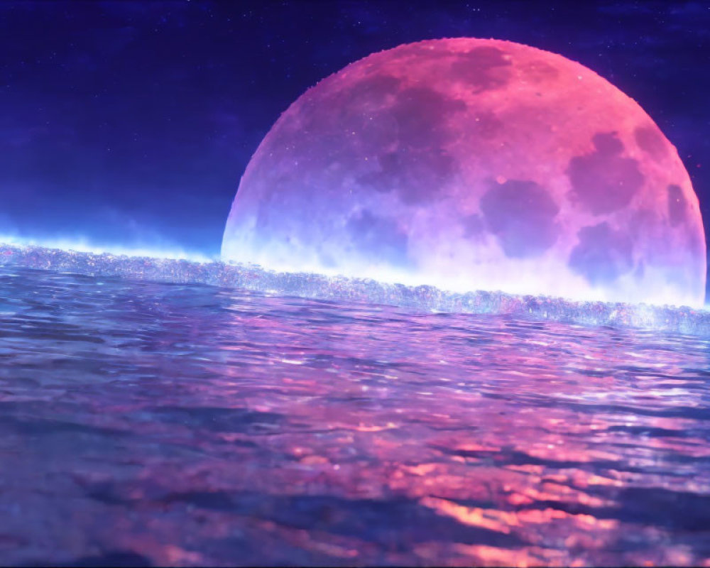 Pink moon over calm sea under starry night sky