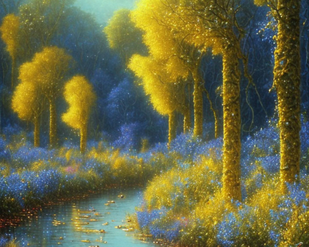 Golden yellow trees, blue wildflowers, serene river with ducks and boat