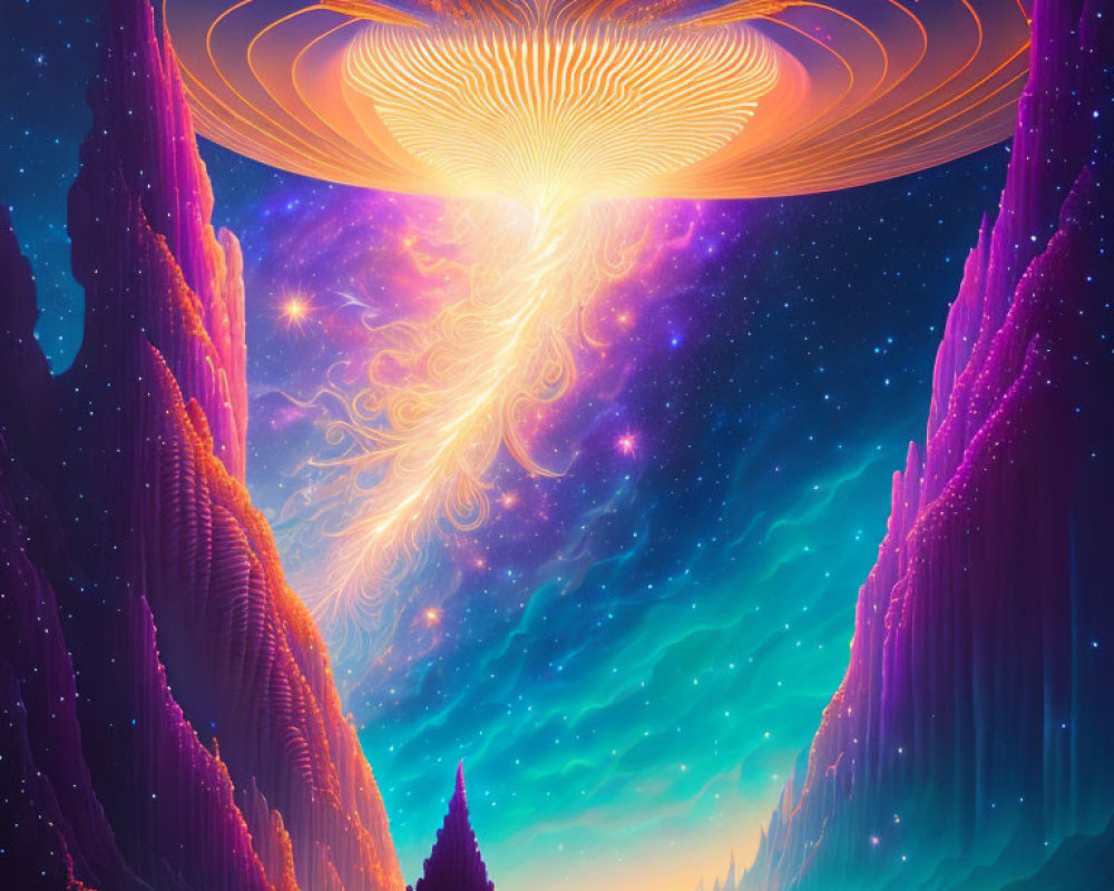 Vibrant sci-fi landscape with glowing celestial event and towering cliffs