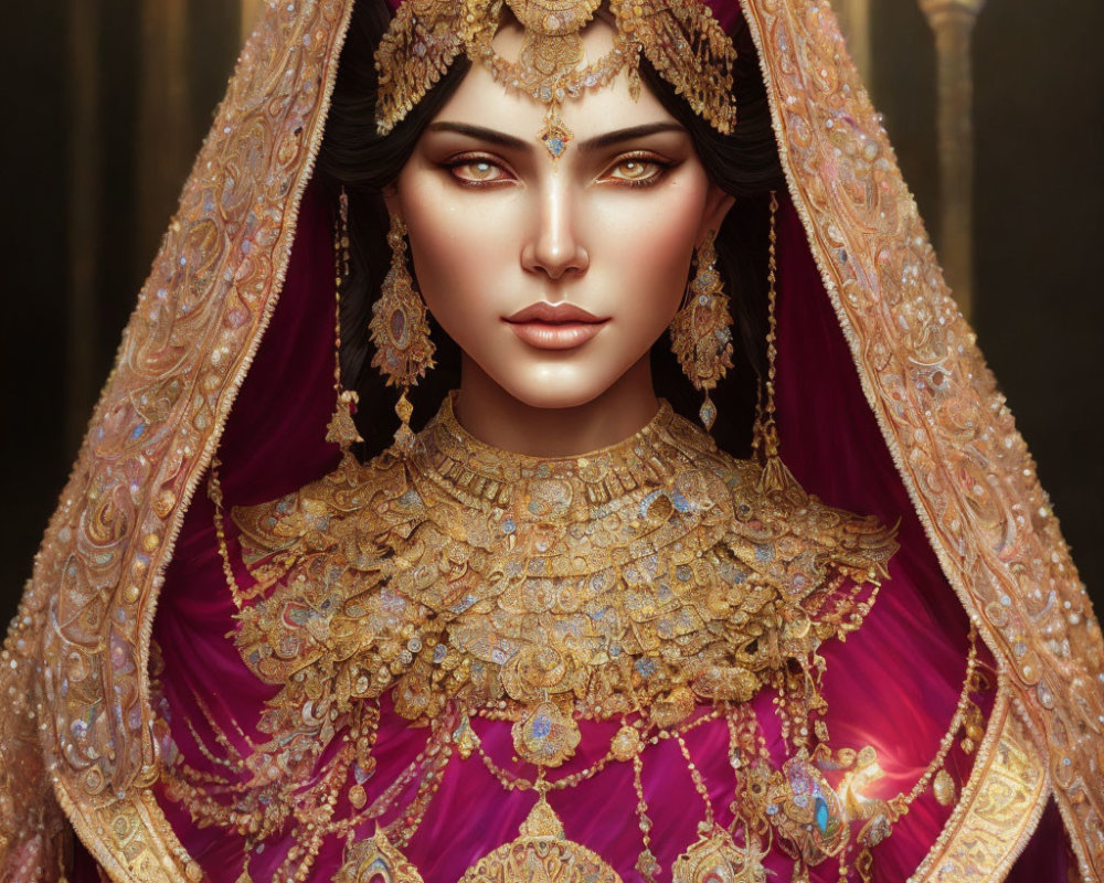 Illustrated woman in traditional attire with gold jewelry and vibrant pink veil against dark background