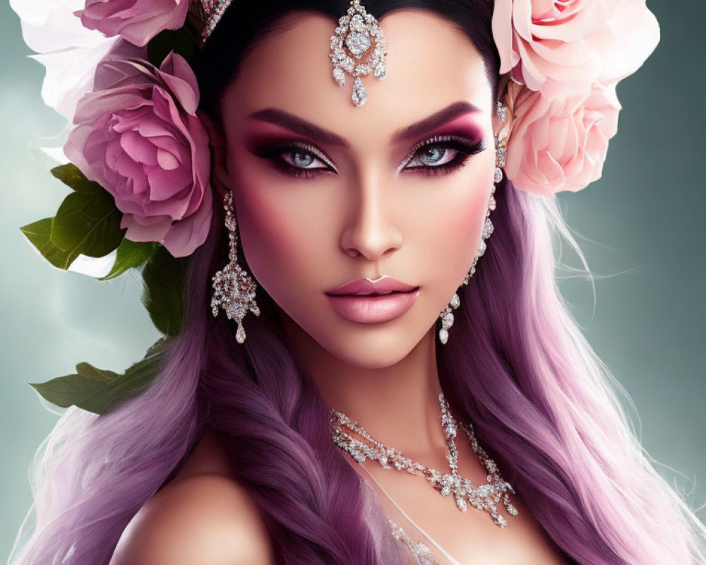 Violet-haired woman portrait with dramatic makeup and floral tiara