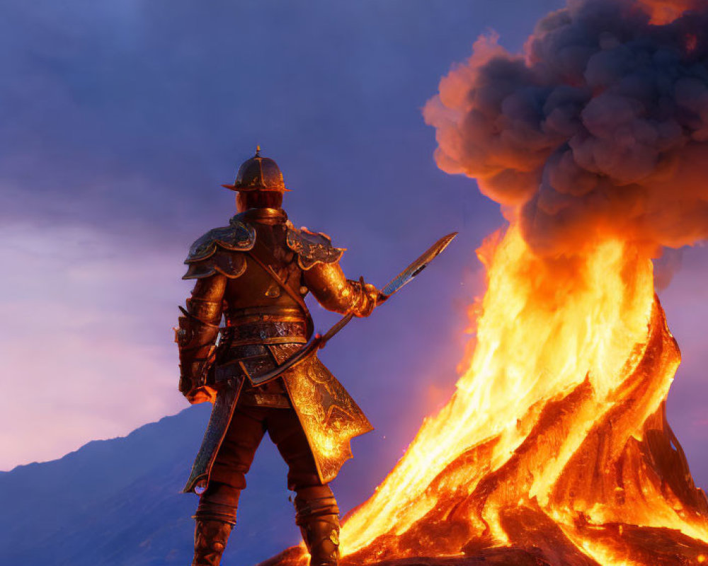 Medieval knight in full armor near erupting volcano.