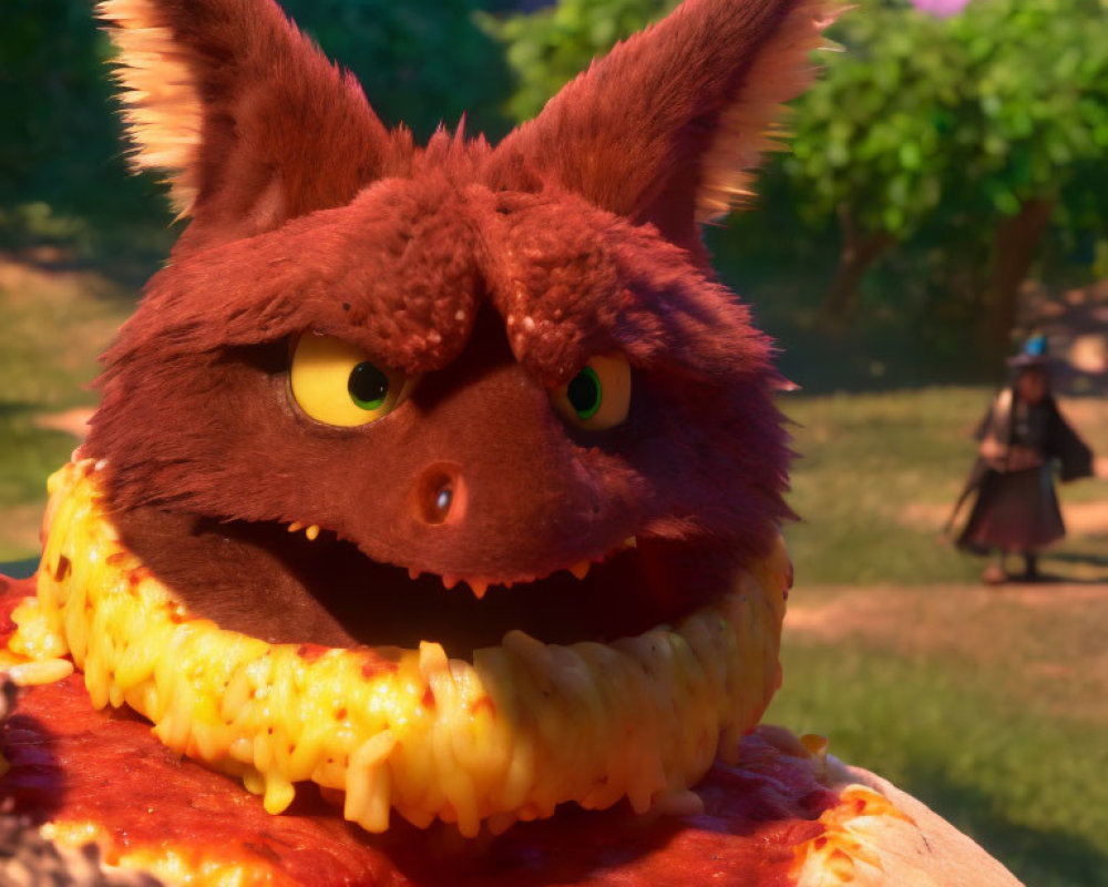 Fluffy red animated creature with pointy ears and green eyes peering over a pizza slice