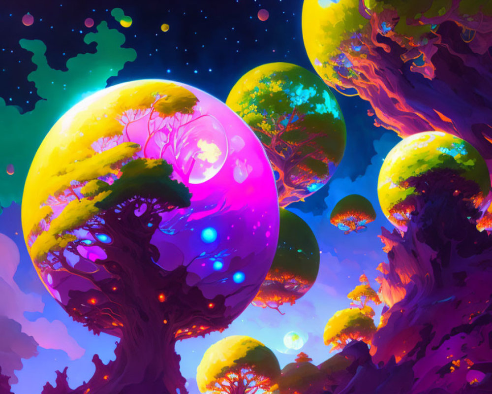 Surreal digital artwork of glowing orb-shaped trees under starry sky