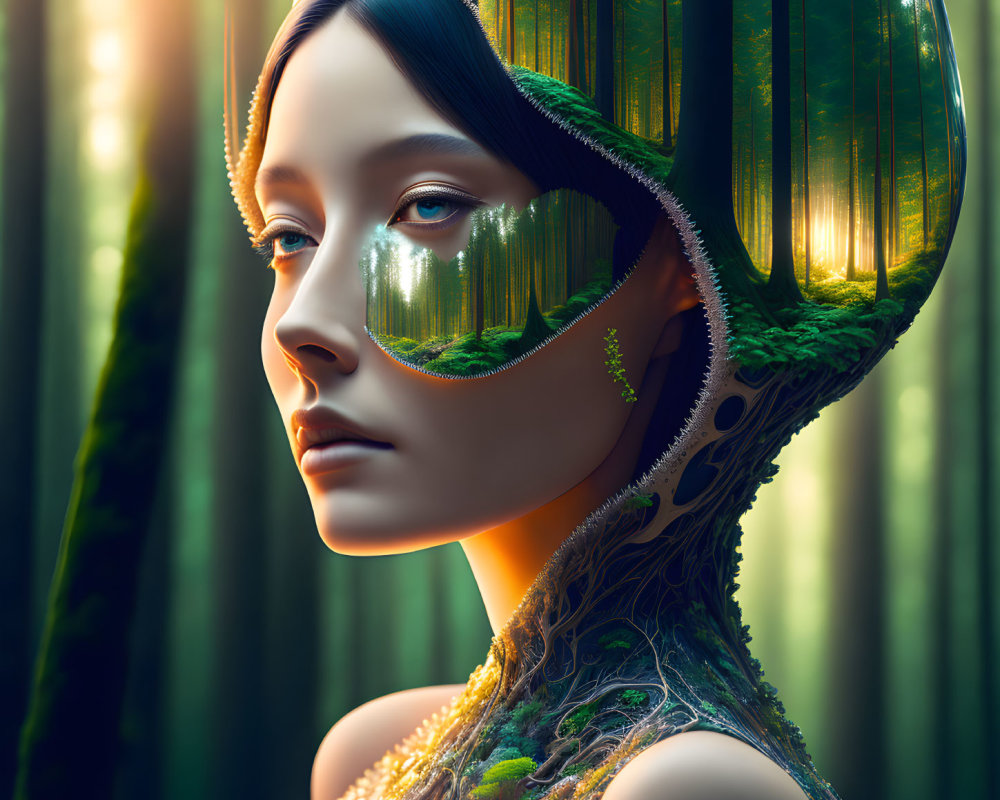 Digital artwork of woman in green helmet with plants against forest.