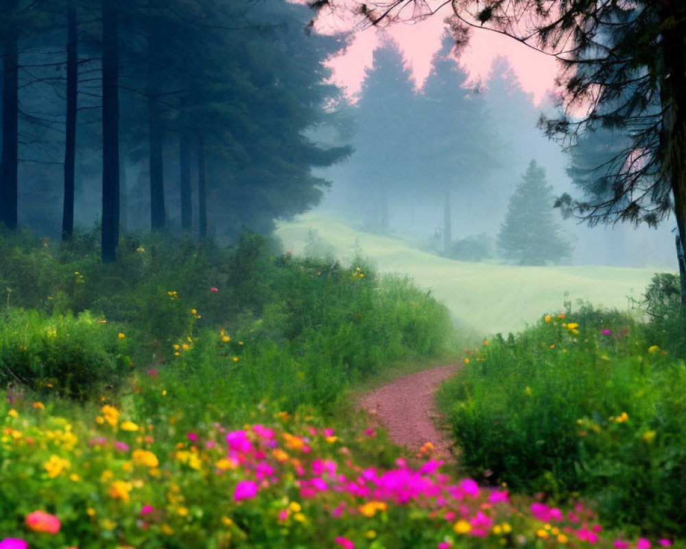 Misty forest path with colorful wildflowers and pink sky