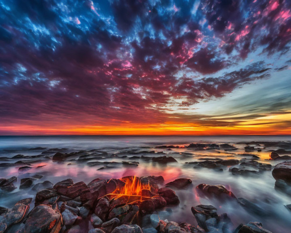 Fiery orange sunset over rocky shoreline with blue clouds