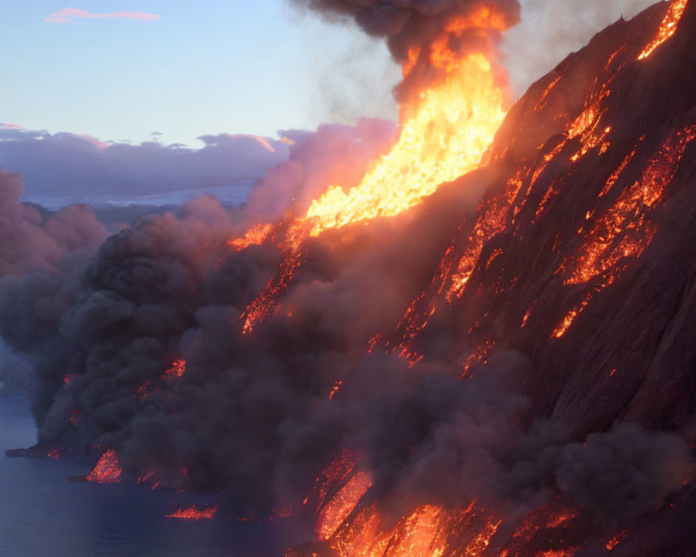 Volcanic Eruption: Lava Flowing into Ocean at Twilight